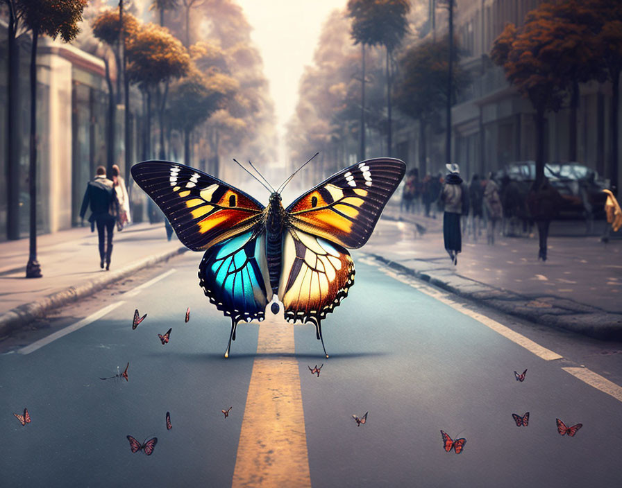 Colorful Butterfly in City Street Amidst Autumn Haze