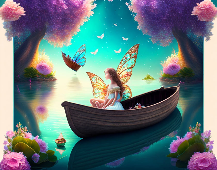 Digital artwork of girl with butterfly wings in boat on reflective water with floating trees and flowers