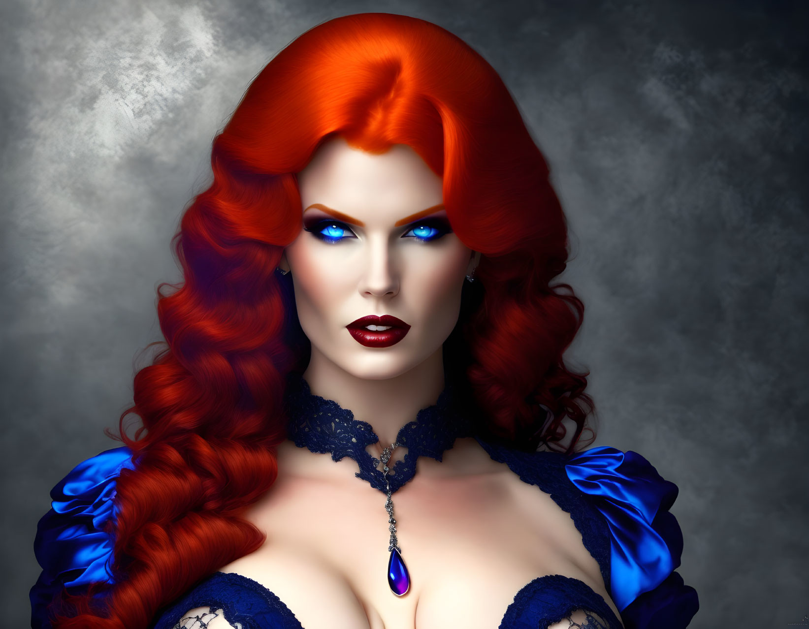 Digital Artwork: Woman with Red Hair, Blue Eyes, Blue Dress