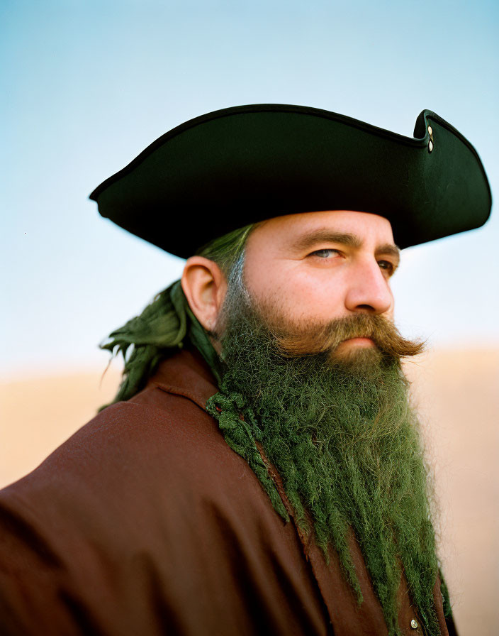 Man with Long Beard and Black Tricorn Hat in Nature Scene