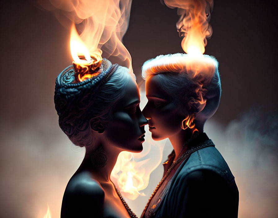 Stylized figures with flaming hair in fantasy setting