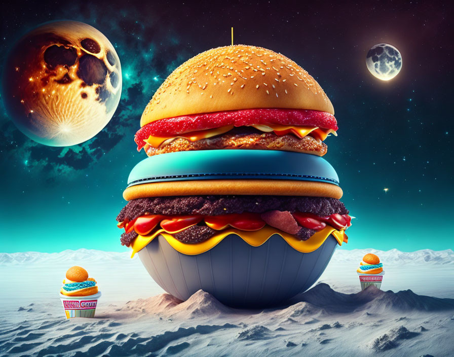 Giant hamburger on lunar landscape with Earth and moon in background