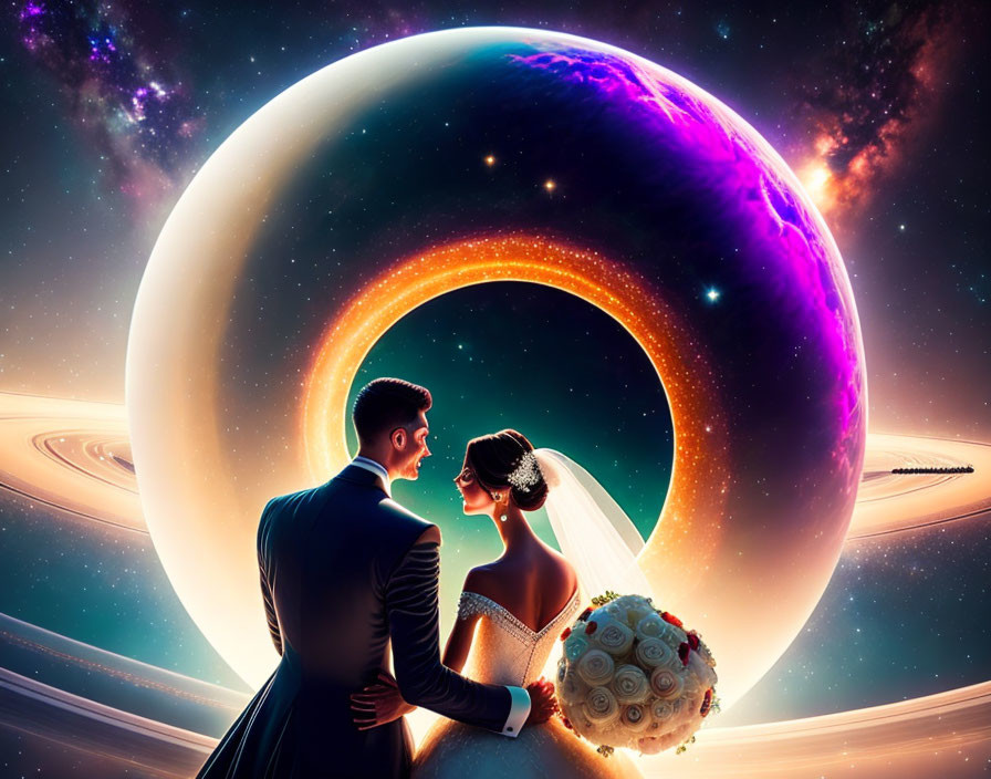 Bride and Groom Admire Cosmic Eclipse and Nebula