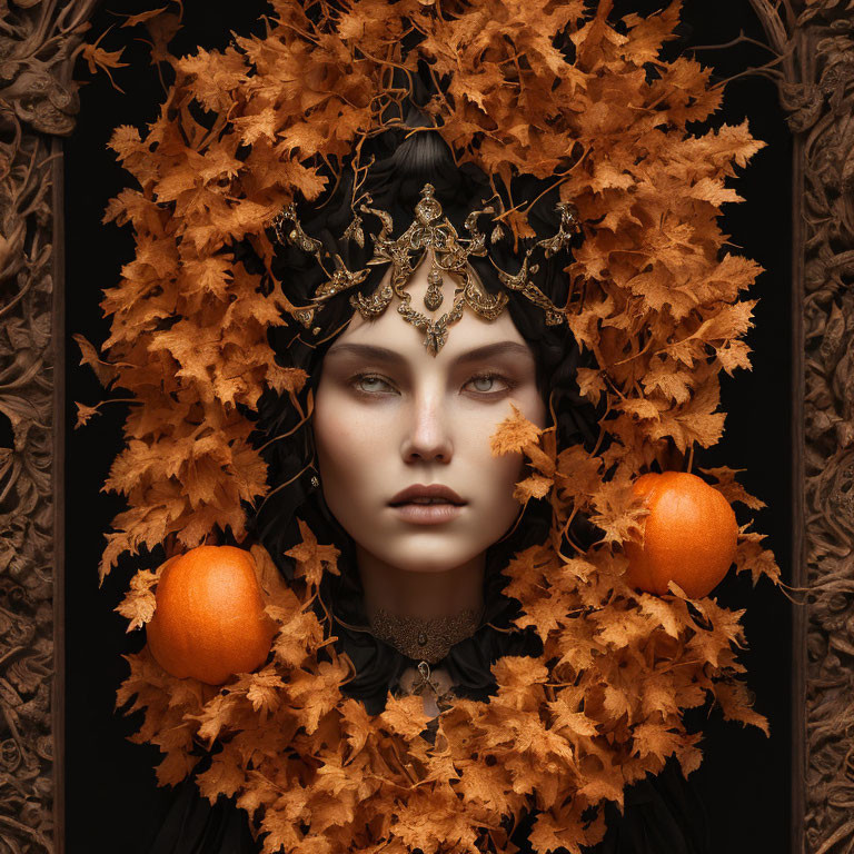 Elaborate autumn leaf headdress woman with pumpkins in gothic backdrop