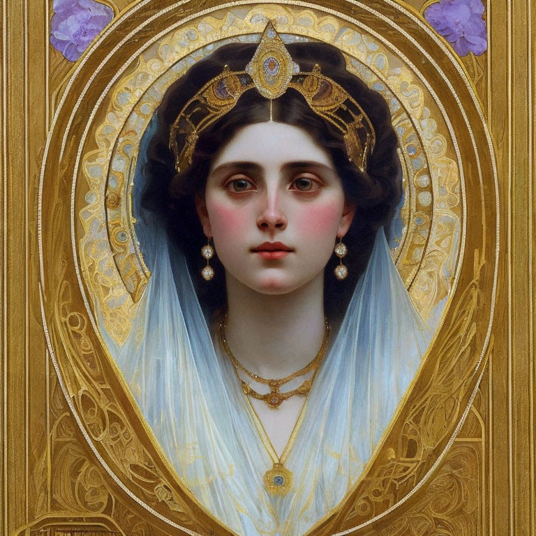 Portrait of Woman with Dark Hair and Golden Halo in Ornate Frame