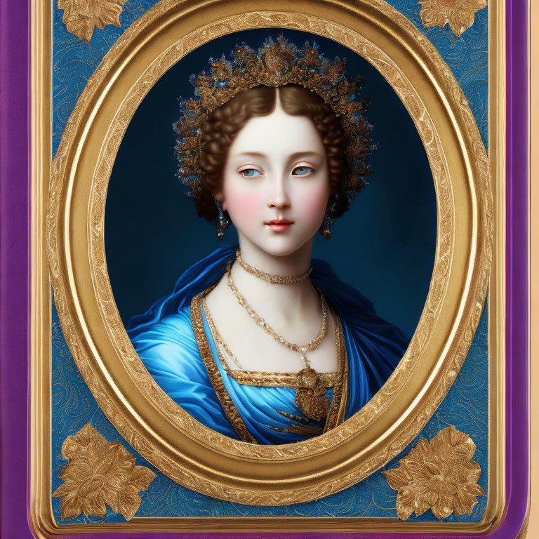 Portrait of Woman with Fair Skin, Blue Eyes, and Chestnut Hair in Blue Dress with Gold Trim