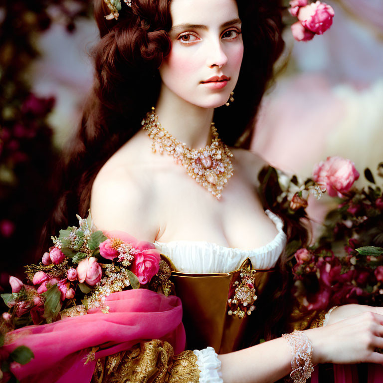 Vintage gold dress woman with pink roses and jewelry, brown hair, contemplative gaze