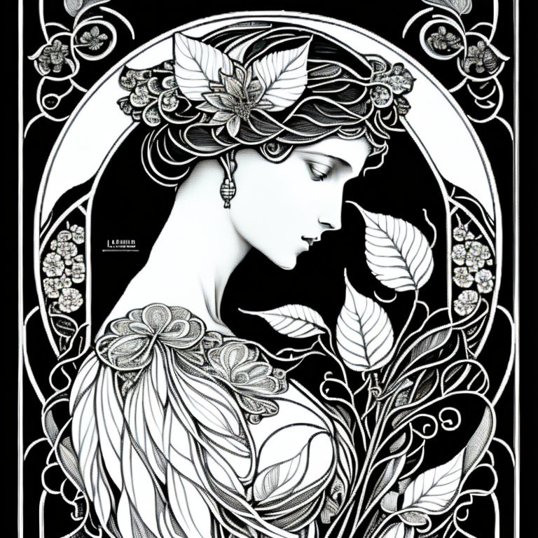 Monochromatic Art Nouveau Woman with Floral Patterns