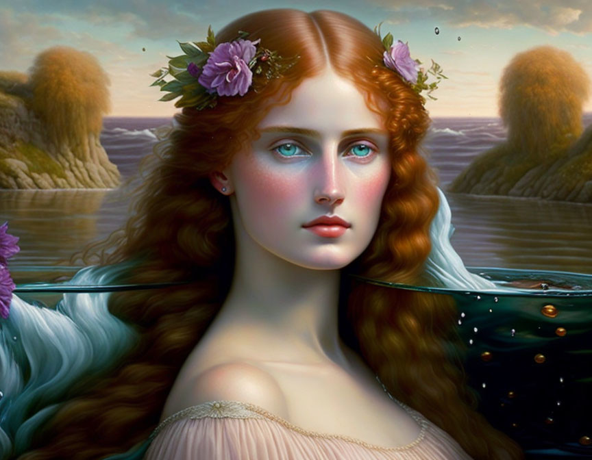 Digital artwork: Woman with reddish hair and flower crown in surreal seascape