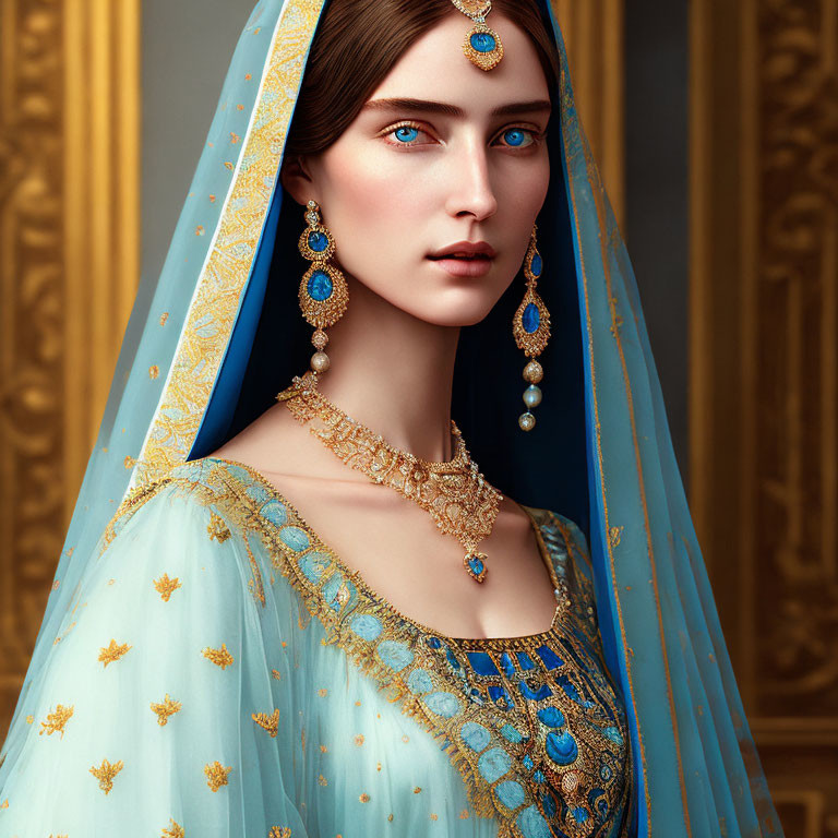 Traditional blue and gold outfit with intricate jewelry and maang tikka.