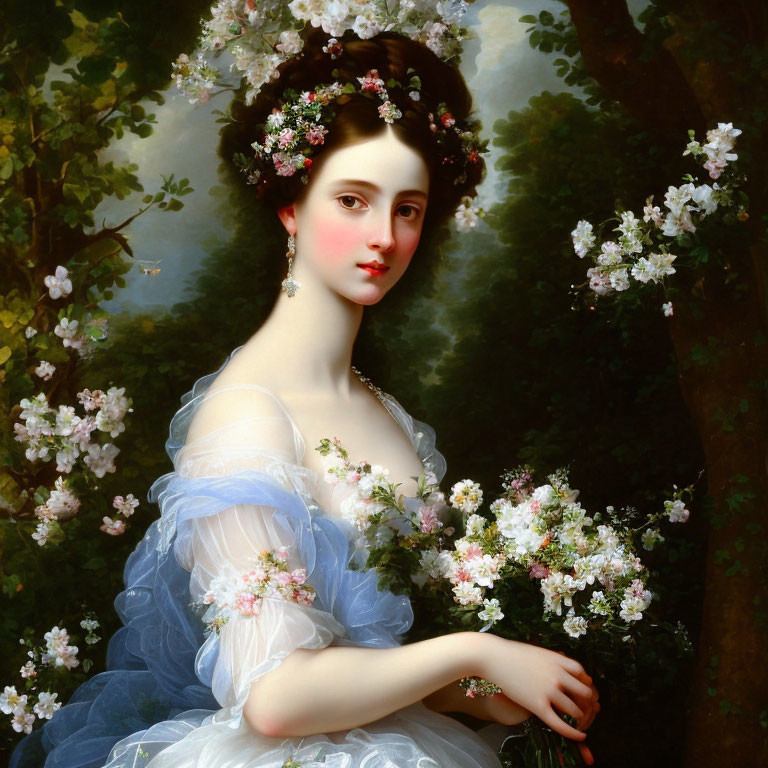 Classical portrait of woman in blue dress with floral hair adornments