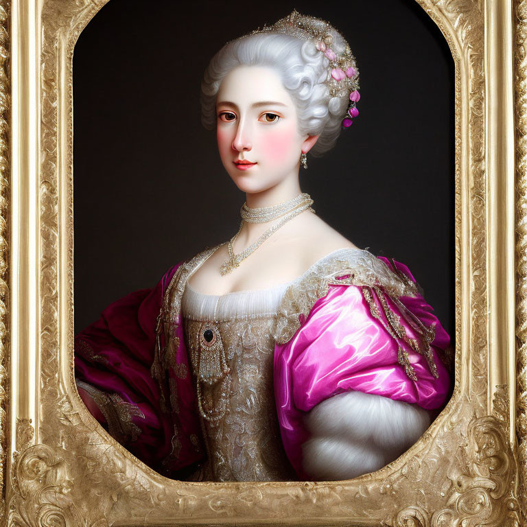 Portrait of woman with pale skin, rosy cheeks, pearl necklace, in purple and white period dress