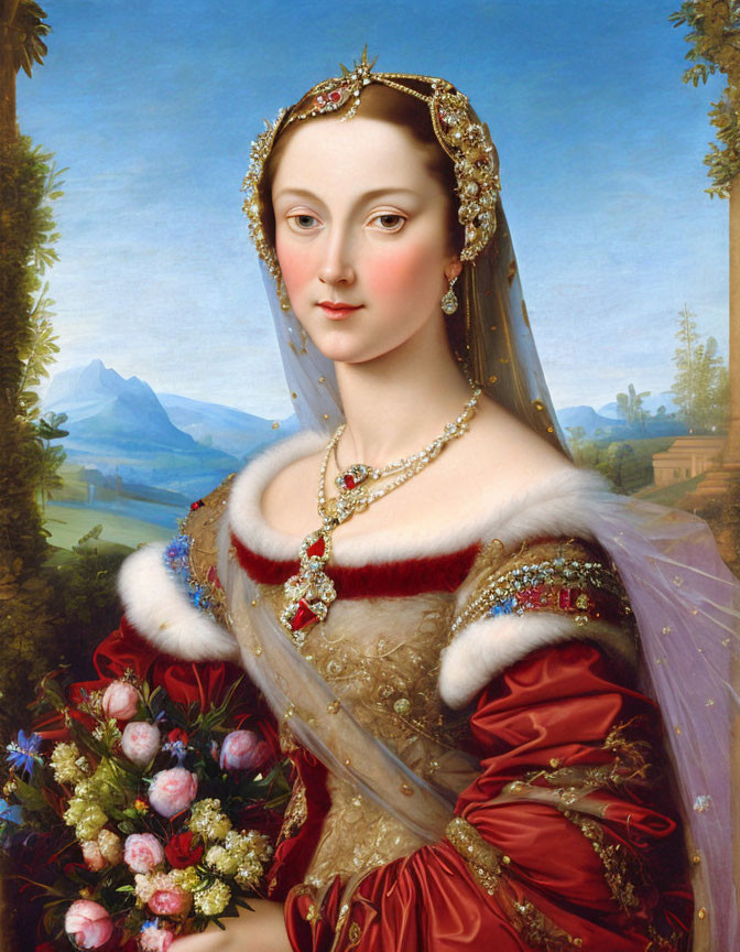 Portrait of Woman in Red Dress with Fur Trim, Pearl Headdress, and Cross Necklace in Scenic