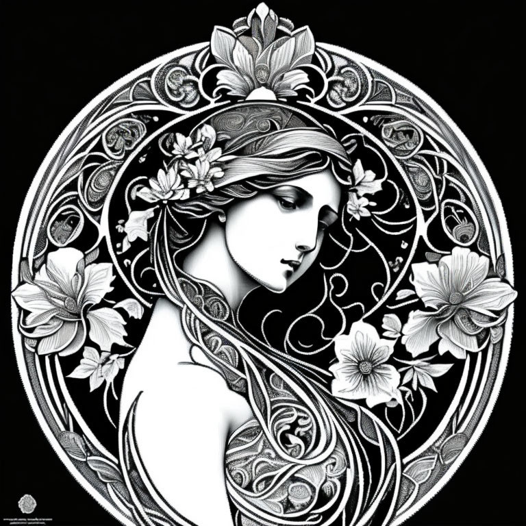 Woman with flowing hair in mystical floral circle on black background