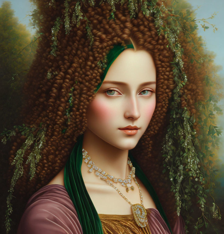 Digital artwork of woman with tree canopy hair & elegant jewelry