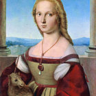 Portrait of Woman in Red Dress with Fur Trim, Pearl Headdress, and Cross Necklace in Scenic