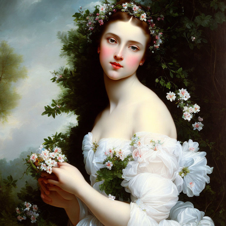 Classic Portrait of Woman with Floral Wreath and Flowers in White Gown