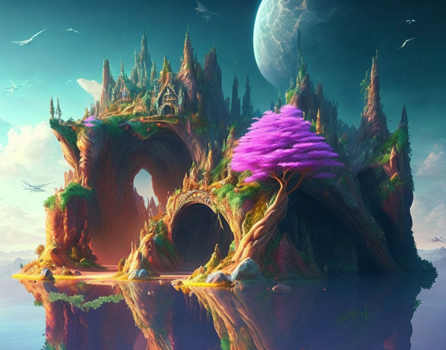 Majestic fantasy landscape with rock formations, purple tree, water, flying creatures, and large moon