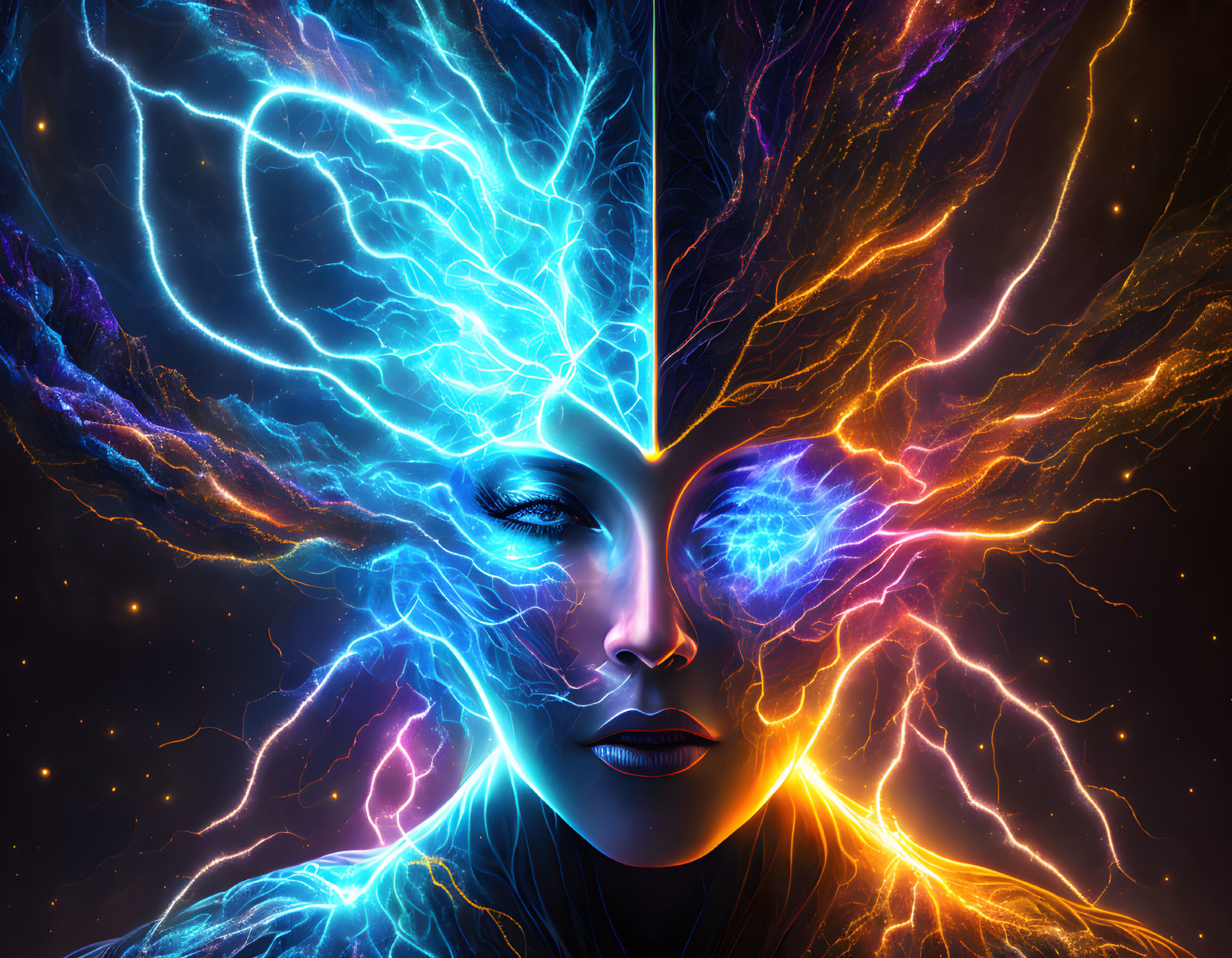 Symmetrical Lightning Patterns on Face in Blue and Orange Hues