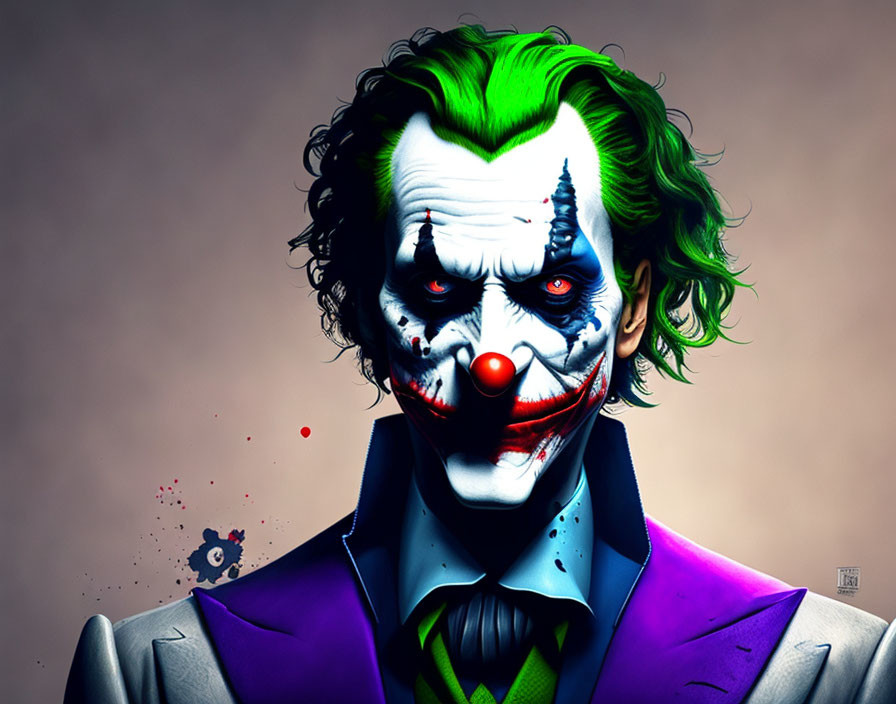 Menacing clown illustration with green hair, white face paint, red nose, and purple suit.