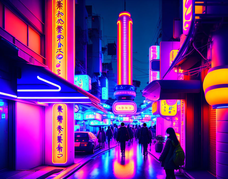 Busy neon-lit city street at dusk with glowing signboards and pedestrians