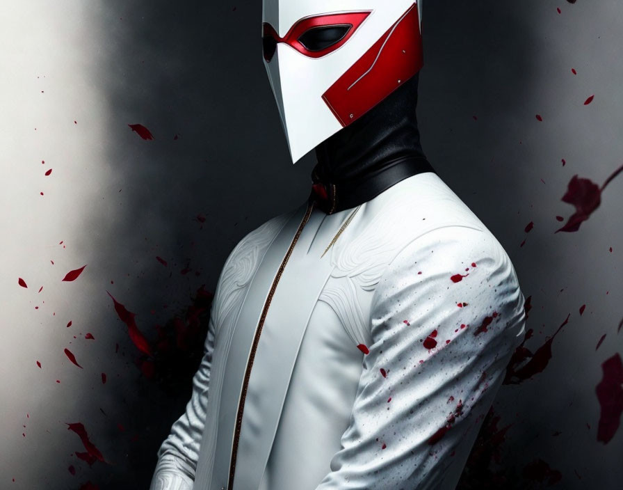 Person in White Suit with Red and White Mask in Bloody Setting