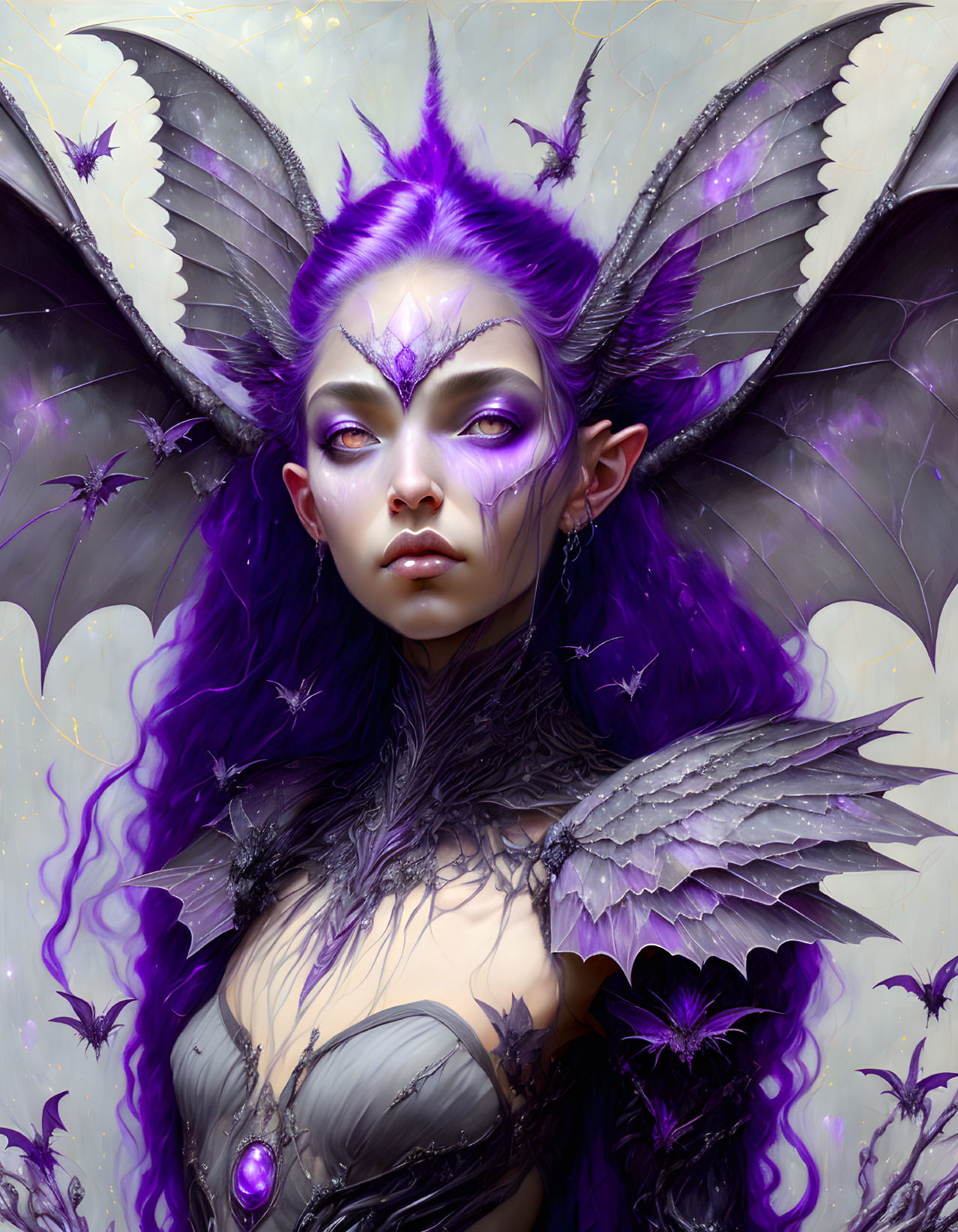 Fantasy illustration of female figure with purple skin and butterfly wings