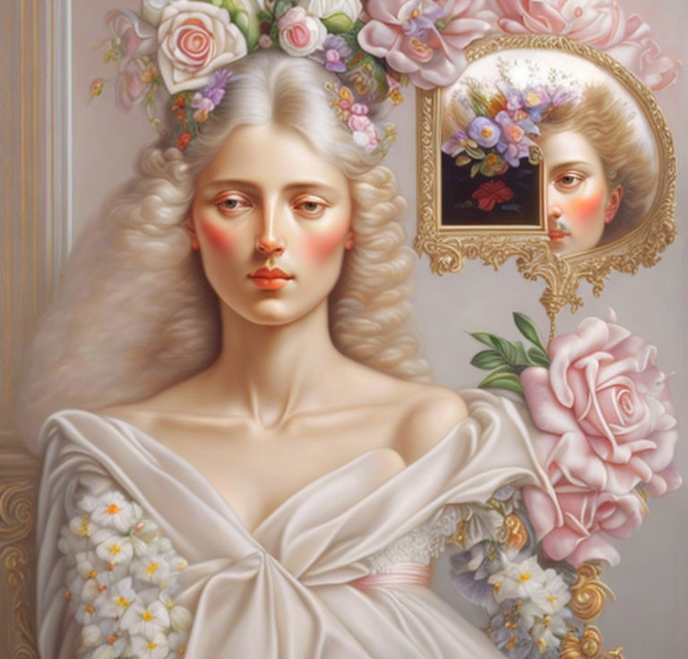 Surreal portrait of woman with white hair, flowers, rose, and mirror