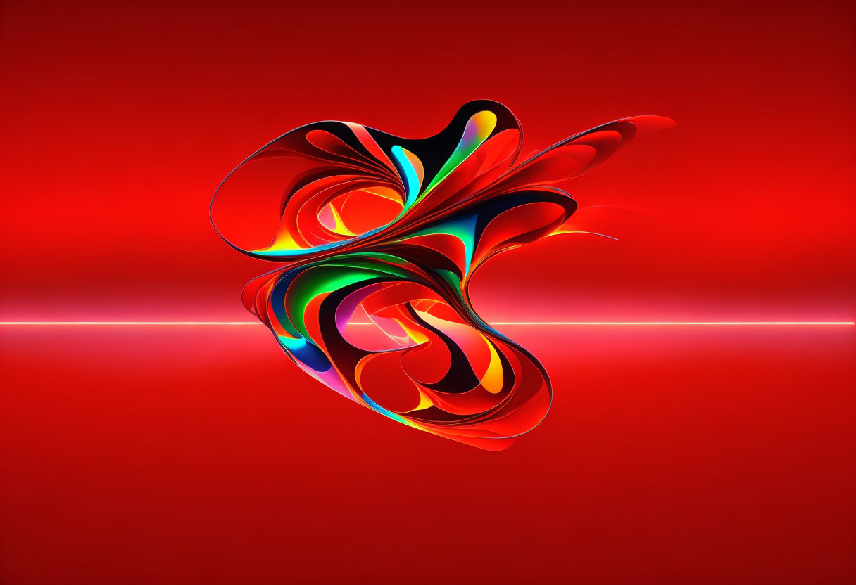 Vibrant Red Background with Colorful Swirls and Light Streak