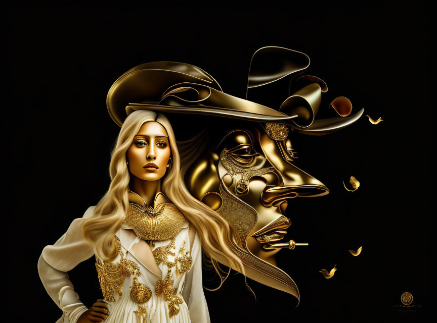 Surreal illustration of woman in white with gold accessories and fragmented golden face.