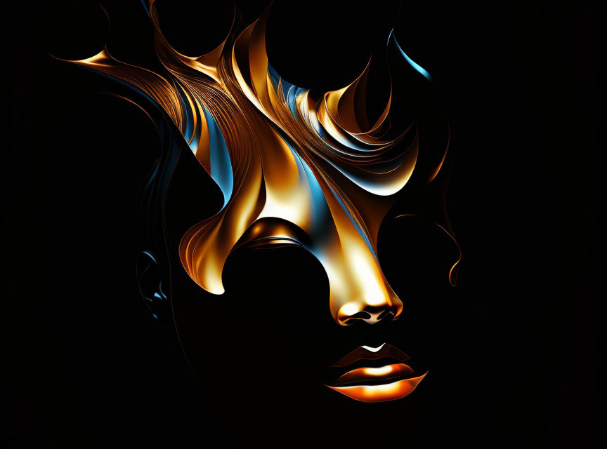 Stylized female face with golden flowing hair on black background