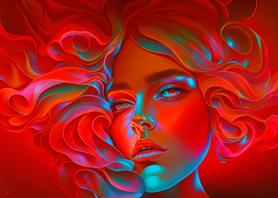 Colorful digital artwork of a woman with red and blue curly hair and sharp features.