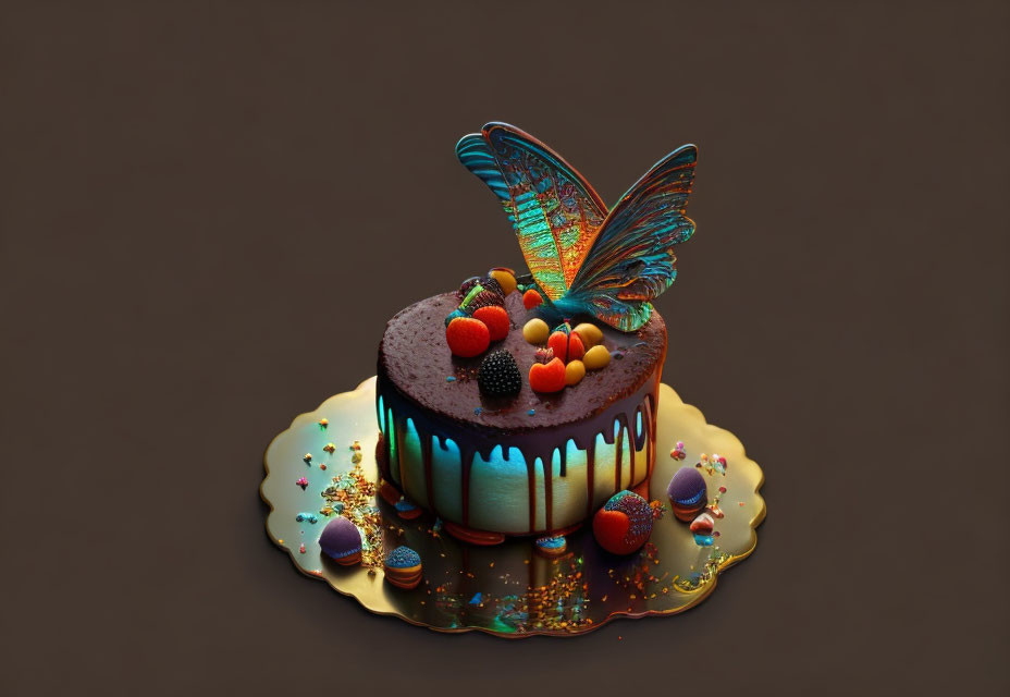 Colorful Butterfly Decorated Cake with Blue Drip Glaze