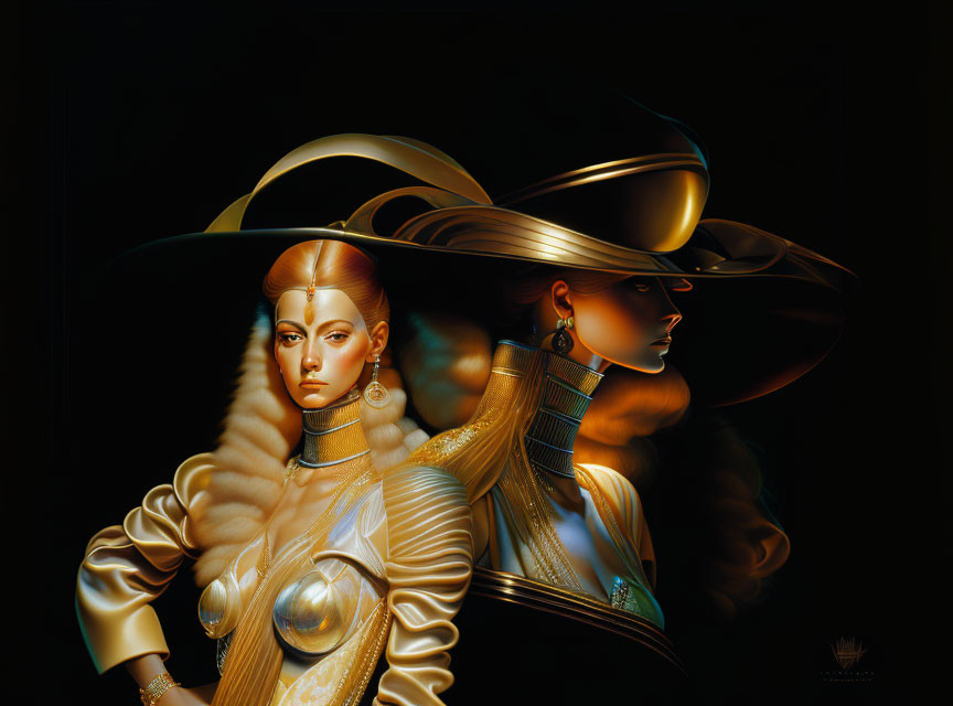 Stylized female figures with golden skin in futuristic attire against dark backdrop