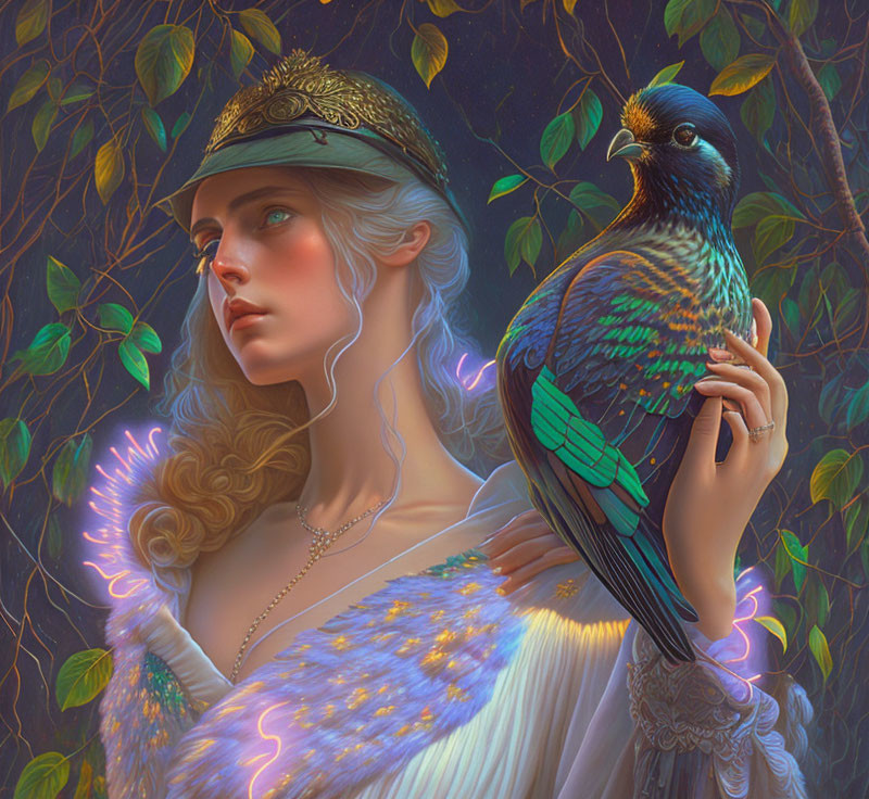 Fantasy woman with colorful bird under glowing leaves and fanciful attire