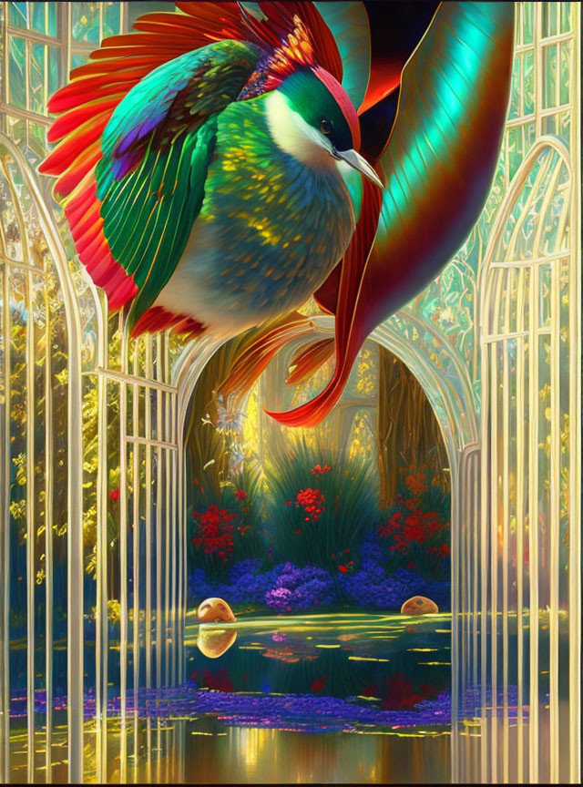 Colorful bird in fantastical garden with golden gates and serene pond