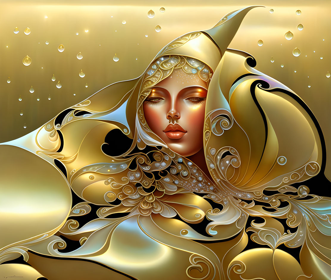 Stylized artistic image of woman's face with golden ornate elements