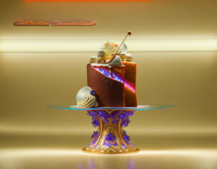 Chocolate cake slice with cream swirl and cherry on ornate glass stand under neon lights