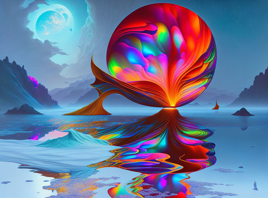 Colorful surreal landscape with psychedelic tree and moonlit sky