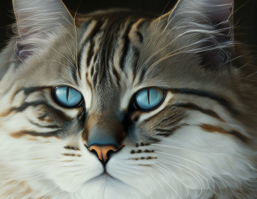 Striking blue-eyed cat with prominent whiskers and lush fur coat