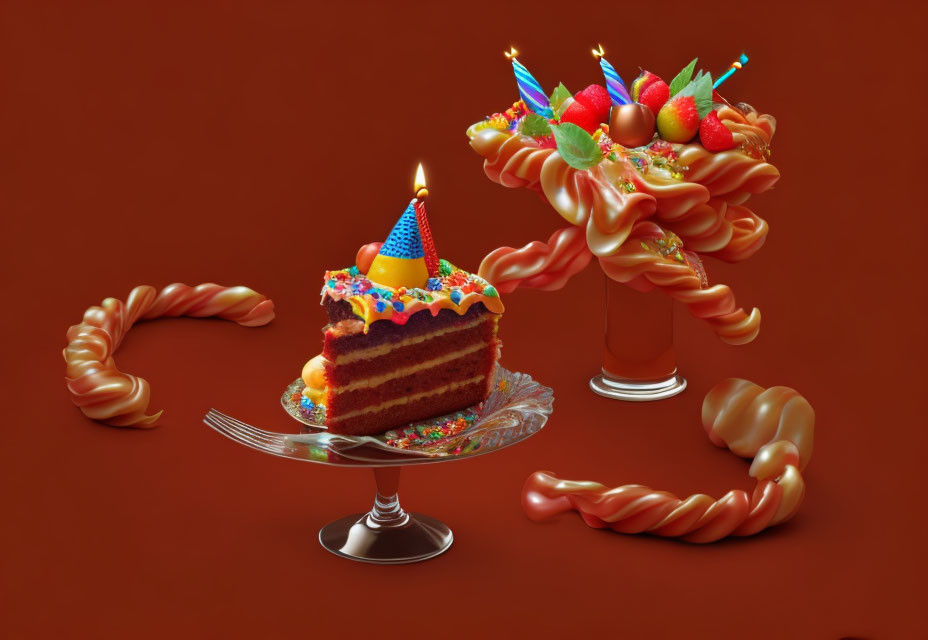 Colorful Birthday Cake with Candles on Glass Plate and Caramel Decorations