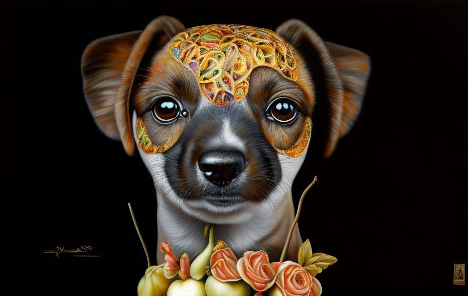 Digital painting of puppy with ornate headpiece and roses on black background