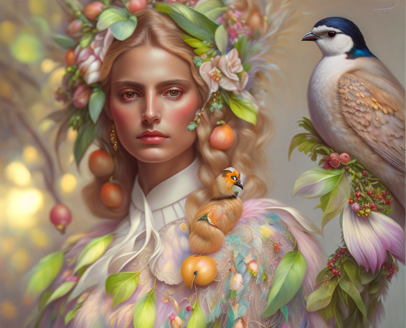 Ethereal portrait of a woman with flowers, fruits, and bird symbolizing serene beauty