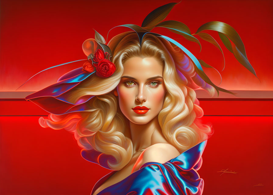 Blonde woman with striking makeup and blue ribbon on red background