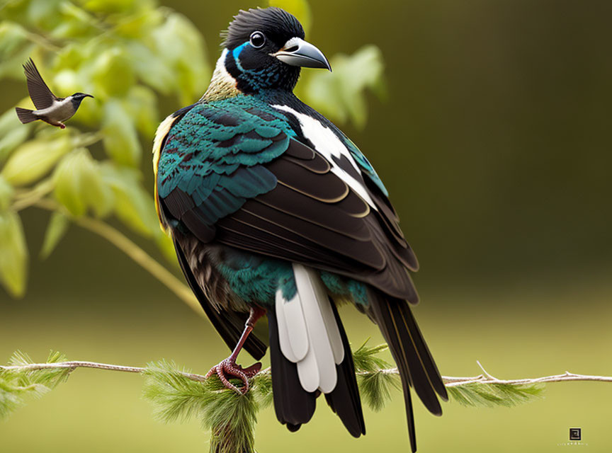 Colorful Bird with Iridescent Blue-Green Feathers Perched on Branch