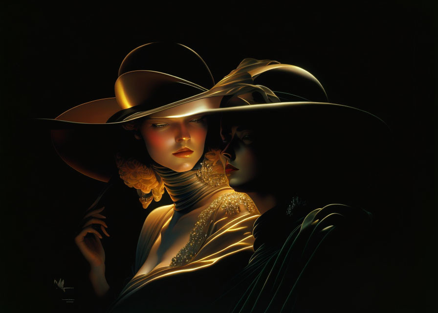 Two women in shadow and light, wearing elegant hats and vintage attire.