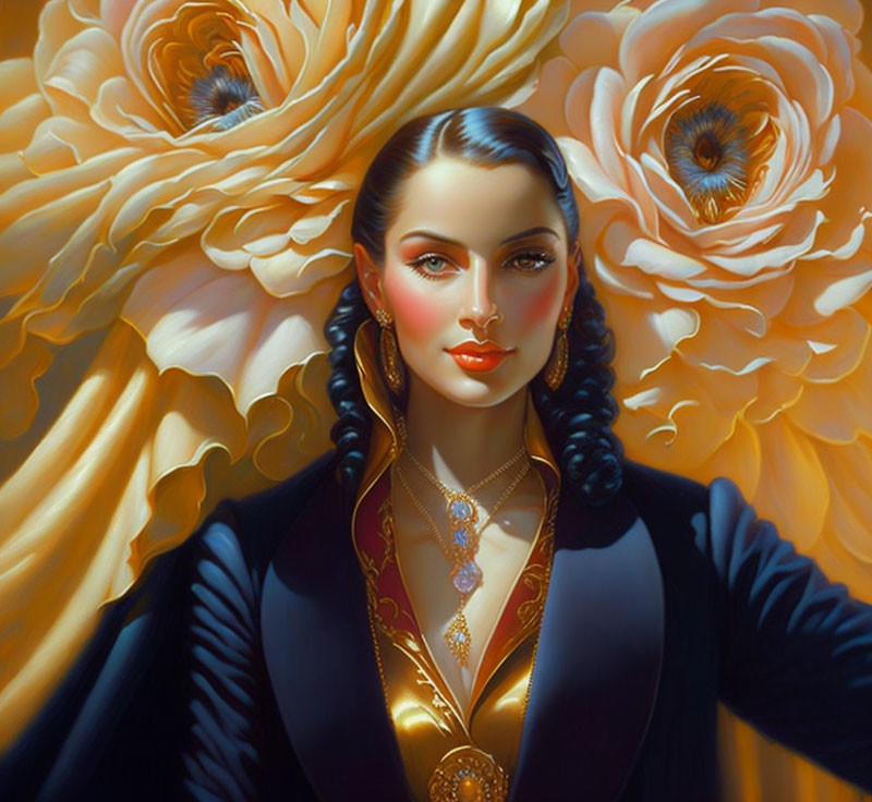 Stylized portrait of woman with braids in dark outfit with gold accents and ornate yellow roses