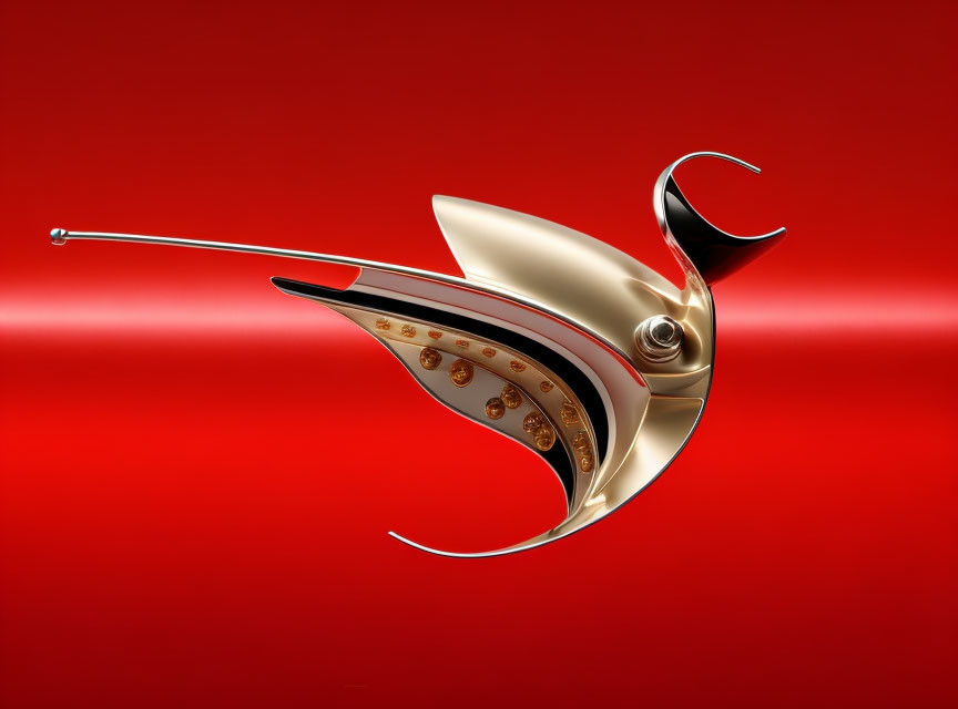 Abstract Golden Bird Sculpture on Vibrant Red Background