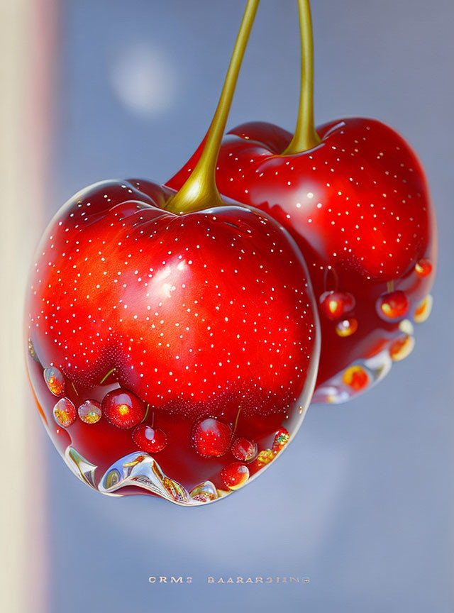 Vibrant red cherries with water droplets on blurred backdrop