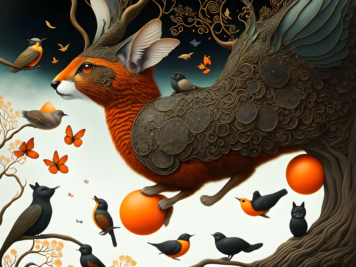 Surreal illustration of fox with antlers, birds, butterflies & fruits in twilight sky